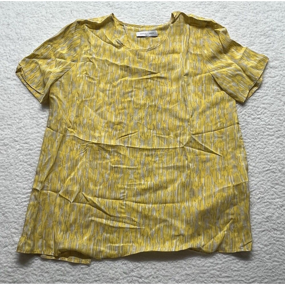 Waverly Grey Blouse Womens M Yellow Silk Open Back Abstract Quiet Luxury Minimal